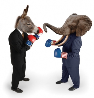 Demokraté versus republikáni, alias osli proti slonům.