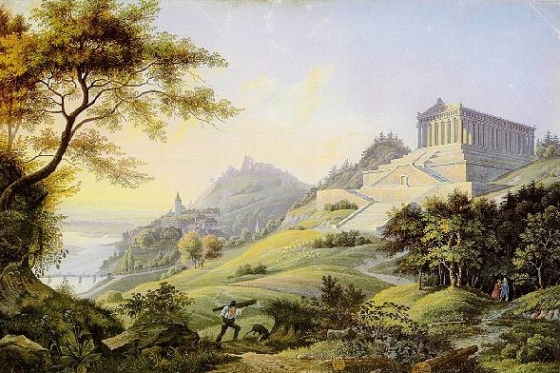 Walhalla a městečko Donaustauff. Obraz neznámého umělce 1840/50.