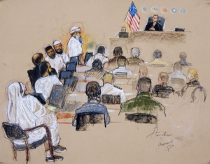 Skeč ze soudní síně, kde probíhá slyšení plánovačů 11. září.