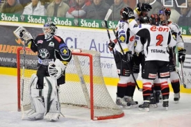 Hokejisté Znojma se radují ze vstřeleného gólu.