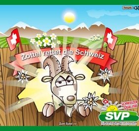 Hra SVP Zottel zachraňuje Švýcarsko. Kozel je jej maskot.