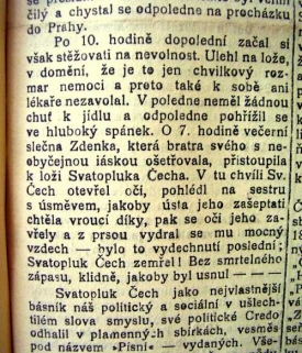 Zpráva o úmrtí Svatopluka Čecha.